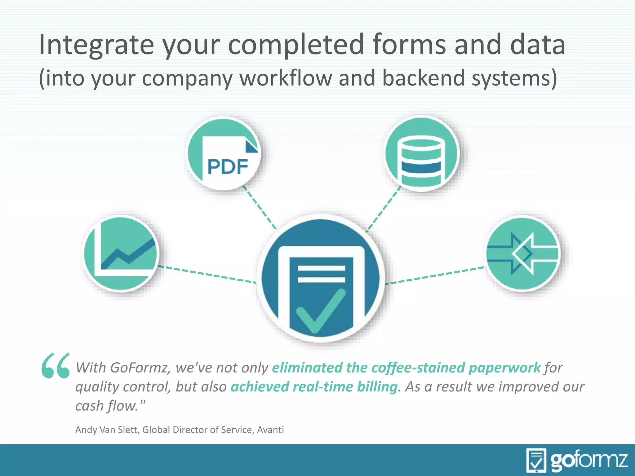 Integrate your completed forms and data
(into your company workflow and backend systems)
With GoFormz, we've not only eliminated the coffee-stained paperwork for
quality control, but also achieved real-time billing. As a result we improved our
cash flow."
Andy Van Slett, Global Director of Service, Avanti
 