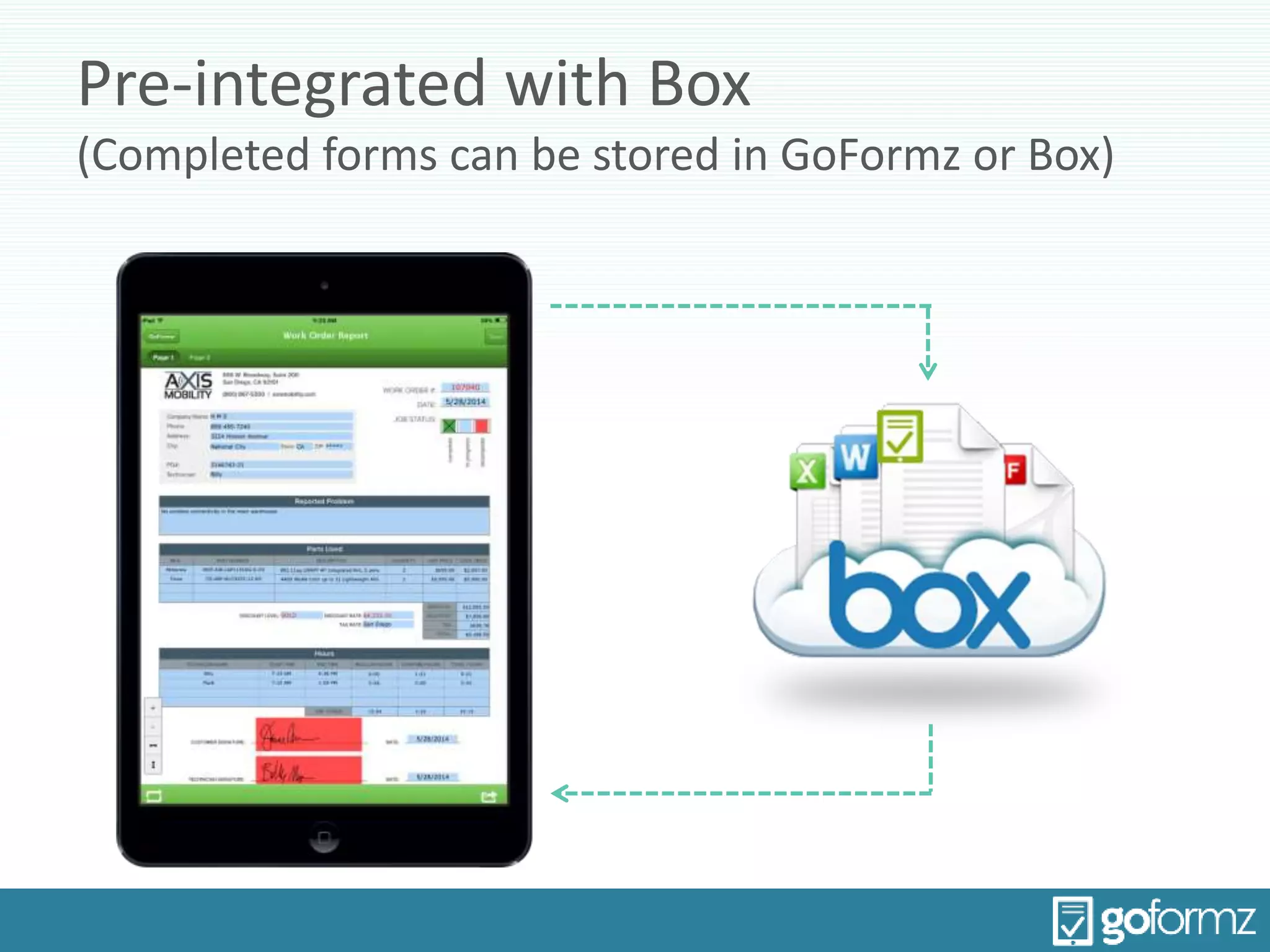 Pre-integrated with Box
(Completed forms can be stored in GoFormz or Box)
 