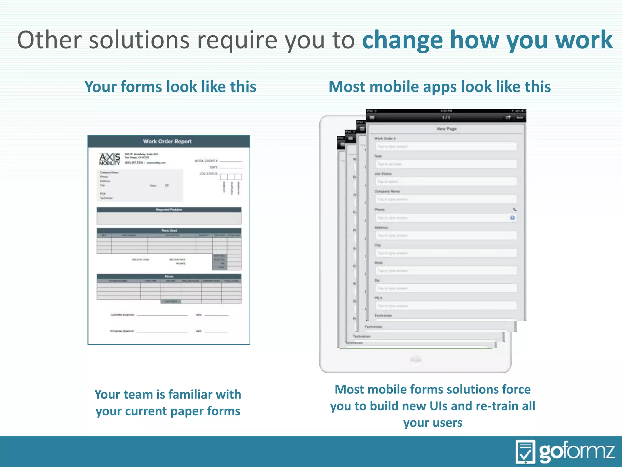 Other solutions require you to change how you work
Your team is familiar with
your current paper forms
Your forms look like this Most mobile apps look like this
Most mobile forms solutions force
you to build new UIs and re-train all
your users
 
