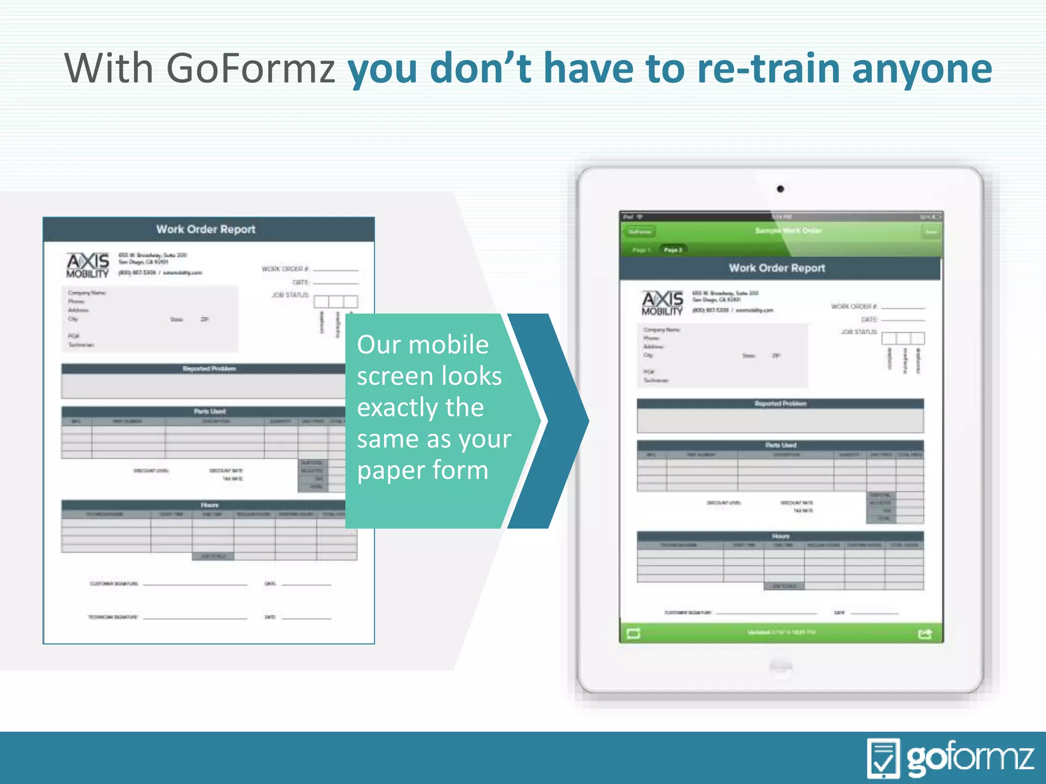 With GoFormz you don’t have to re-train anyone
Our mobile
screen looks
exactly the
same as your
paper form
 