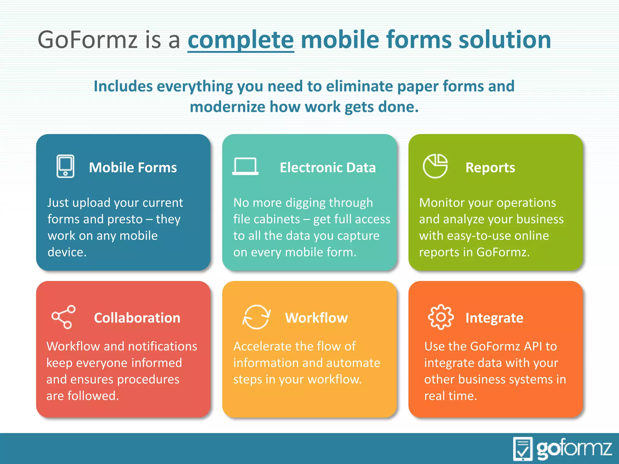 GoFormz is a complete mobile forms solution
Includes everything you need to eliminate paper forms and
modernize how work gets done.
Just upload your current
forms and presto – they
work on any mobile
device.
No more digging through
file cabinets – get full access
to all the data you capture
on every mobile form.
Monitor your operations
and analyze your business
with easy-to-use online
reports in GoFormz.
Workflow and notifications
keep everyone informed
and ensures procedures
are followed.
Accelerate the flow of
information and automate
steps in your workflow.
Use the GoFormz API to
integrate data with your
other business systems in
real time.
Mobile Forms Electronic Data Reports
Collaboration Workflow Integrate
 