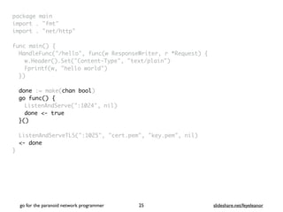 package mai
n

import . "fmt
"

import . "net/http
"

func main()
{

HandleFunc("/hello", func(w ResponseWriter, r *Request)
{

w.Header().Set("Content-Type", "text/plain"
)

Fprintf(w, "hello world"
)

}
)

done := make(chan bool)
go func() {
ListenAndServe(":1024", nil
)

done <- true
}()
ListenAndServeTLS(":1025", "cert.pem", "key.pem", nil
)

<- done
}
go for the paranoid network programmer slideshare.net/feyeleanor
25
 