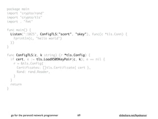 package mai
n

import "crypto/rand
"

import "crypto/tls
"

import . "fmt
"

func main()
{

Listen(":1025", ConfigTLS("scert", "skey"), func(c *tls.Conn)
{

Fprintln(c, "hello world"
)

}
)

}

func ConfigTLS(c, k string) (r *tls.Config)
{

if cert, e := tls.LoadX509KeyPair(c, k); e == nil
{

r = &tls.Config
{

Certificates: []tls.Certificate{ cert }
,

Rand: rand.Reader
,

}
}

retur
n

}
go for the paranoid network programmer slideshare.net/feyeleanor
69
 