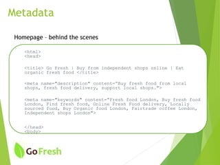 Metadata
Homepage – behind the scenes
<html>
<head>
<title> Go Fresh | Buy from independent shops online | Eat
organic fresh food </title>
<meta name="description" content=“Buy fresh food from local
shops, fresh food delivery, support local shops.">
<meta name="keywords" content=“Fresh food London, Buy fresh food
London, Find fresh food, Online Fresh Food delivery, Locally
sourced food, Buy Organic food London, Fairtrade coffee London,
Independent shops London">
</head>
<body>
 