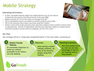 Mobile Strategy
Interesting information:
* The Cisco Visual Networking Index / ** Econsultancy UK: Internet Statistics Compendium
• In 2012, the global Internet usage from mobile devices was 12x the amount
of data that was used for the entire internet in the year 2000.*
• Mobile accounts for 31% of site traffic on average in the UK **
• 32% of smartphone owners use mobile to research products every week **
• 25% of UK consumers have made a purchase using their mobile **
• Almost a third (32%) of UK consumers have used their mobile to find a retailer’s nearest store
or opening times, and 43% of respondents said they had used their mobile to compare prices
and look at product reviews while out shopping, up from 19% in 2011. **
Our Plan:
Our strategy will be a 3-steps plan (explained better in the next slide), consisting on:
1 2 3Mobile Friendly
Website
Discovery Reaching Customers
It’s extremely important to
make our content
accessible to all visitors,
not only desktop.
After having a mobile
friendly contente, we
have to be found by
people using their
mobiles.
Now that people found
us, how can we take
advantage of this for
our business and to
help people?
 
