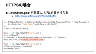 HTTPSの場合
■ RoundTriper を実装し、URLを書き換える
● https://play.golang.org/p/WSSal0bVMs
s := httptest.NewServer(http.HandlerFunc(func(w http.ResponseWriter, r *http.Request) {
fmt.Fprintf(w, "hello %sn", path.Base(r.URL.Path))
}))
u, err := url.Parse(s.URL)
if err != nil { log.Fatalln("Error:", err) }
cli := s.Client()
cli.Transport = RewriteTransport{URL: u, Transport: cli.Transport}
resp, err := cli.Get("https://example.com")
if err != nil { log.Fatalln("Error:", err) }
io.Copy(os.Stdout, resp.Body)
resp.Body.Close()
 