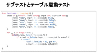 サブテストとテーブル駆動テスト
func TestIsOdd(t *testing.T) {
cases := []*struct {name string; input int; expected bool}{
{name: "+odd", input: 5, expected: true},
{name: "+even", input: 6, expected: false},
{name: "-odd", input: -5, expected: true},
{name: "-even", input: -6, expected: false},
{name: "zero", input: 0, expected: false},
}
for _, c := range cases {
t.Run(c.name, func(t *testing.T) {
if actual := IsOdd(c.input); c.expected != actual {
t.Errorf(
"want IsOdd(%d) = %v, got %v",
c.input, c.expected, actual)}})
}
}
 