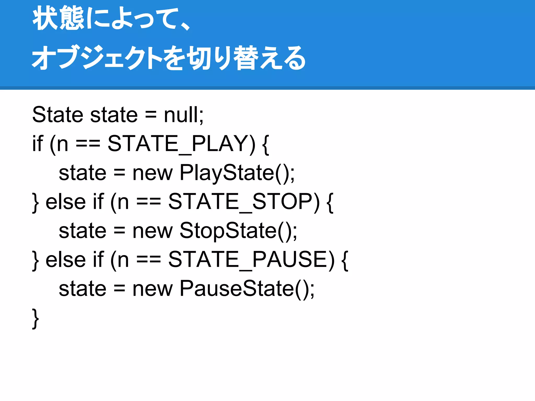 状態によって、
オブジェクトを切り替える

State state = null;
if (n == STATE_PLAY) {
    state = new PlayState();
} else if (n == STATE_STOP) {
    state = new StopState();
} else if (n == STATE_PAUSE) {
    state = new PauseState();
}
 