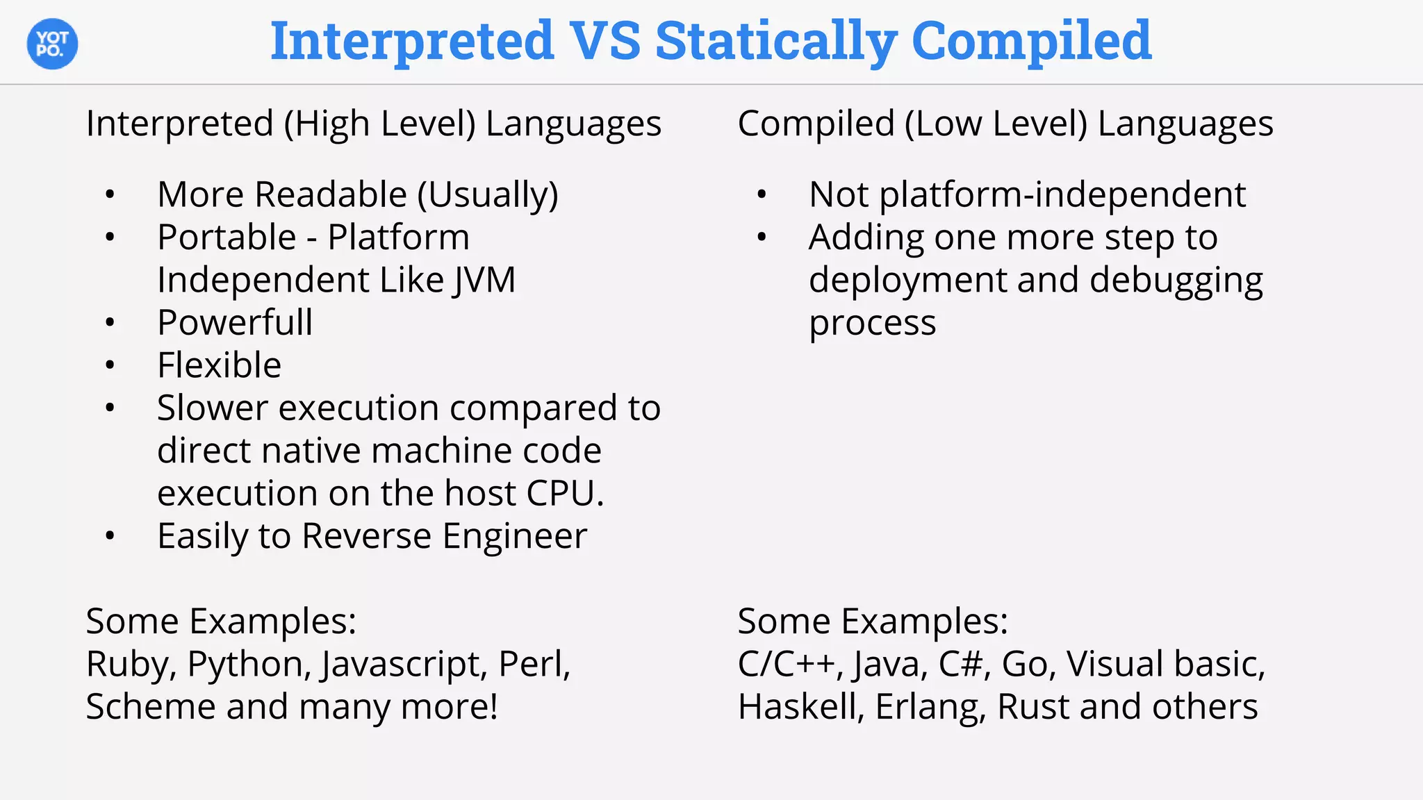 Interpreted VS Statically Compiled
Interpreted (High Level) Languages
• More Readable (Usually)
• Portable - Platform
Independent Like JVM
• Powerfull
• Flexible
• Slower execution compared to
direct native machine code
execution on the host CPU.
• Easily to Reverse Engineer
Some Examples:
Ruby, Python, Javascript, Perl,
Scheme and many more!
Compiled (Low Level) Languages
• Not platform-independent
• Adding one more step to
deployment and debugging
process
Some Examples:
C/C++, Java, C#, Go, Visual basic,
Haskell, Erlang, Rust and others
 