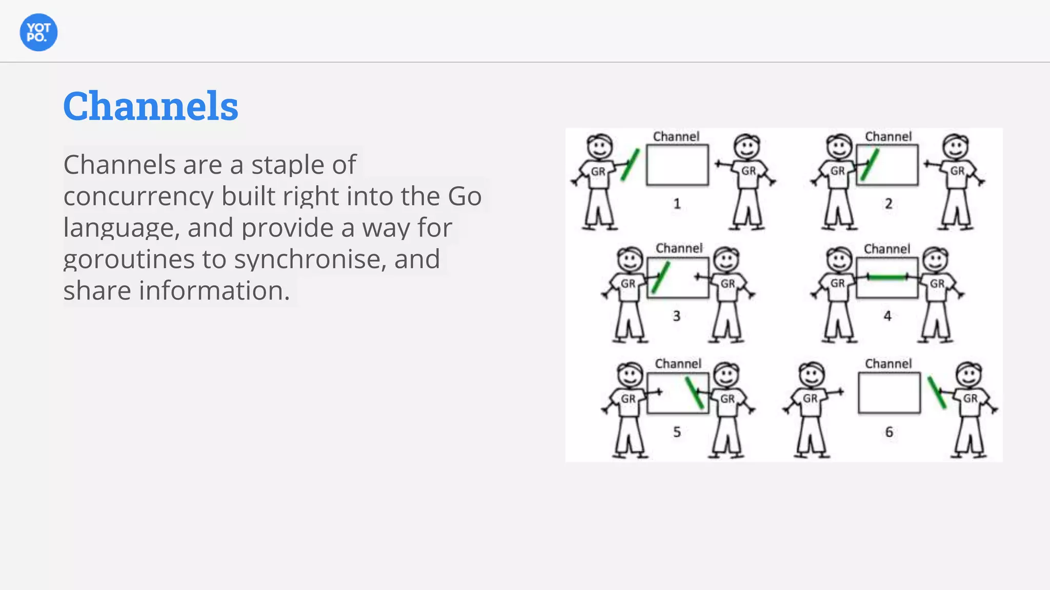 Channels
Channels are a staple of
concurrency built right into the Go
language, and provide a way for
goroutines to synchronise, and
share information.
 