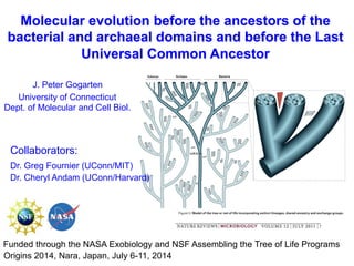 Molecular evolution before the ancestors of the
bacterial and archaeal domains and before the Last
Universal Common Ancestor
Funded through the NASA Exobiology and NSF Assembling the Tree of Life Programs
Origins 2014, Nara, Japan, July 6-11, 2014
J. Peter Gogarten
University of Connecticut
Dept. of Molecular and Cell Biol.
Collaborators:
Dr. Greg Fournier (UConn/MIT)
Dr. Cheryl Andam (UConn/Harvard)
 