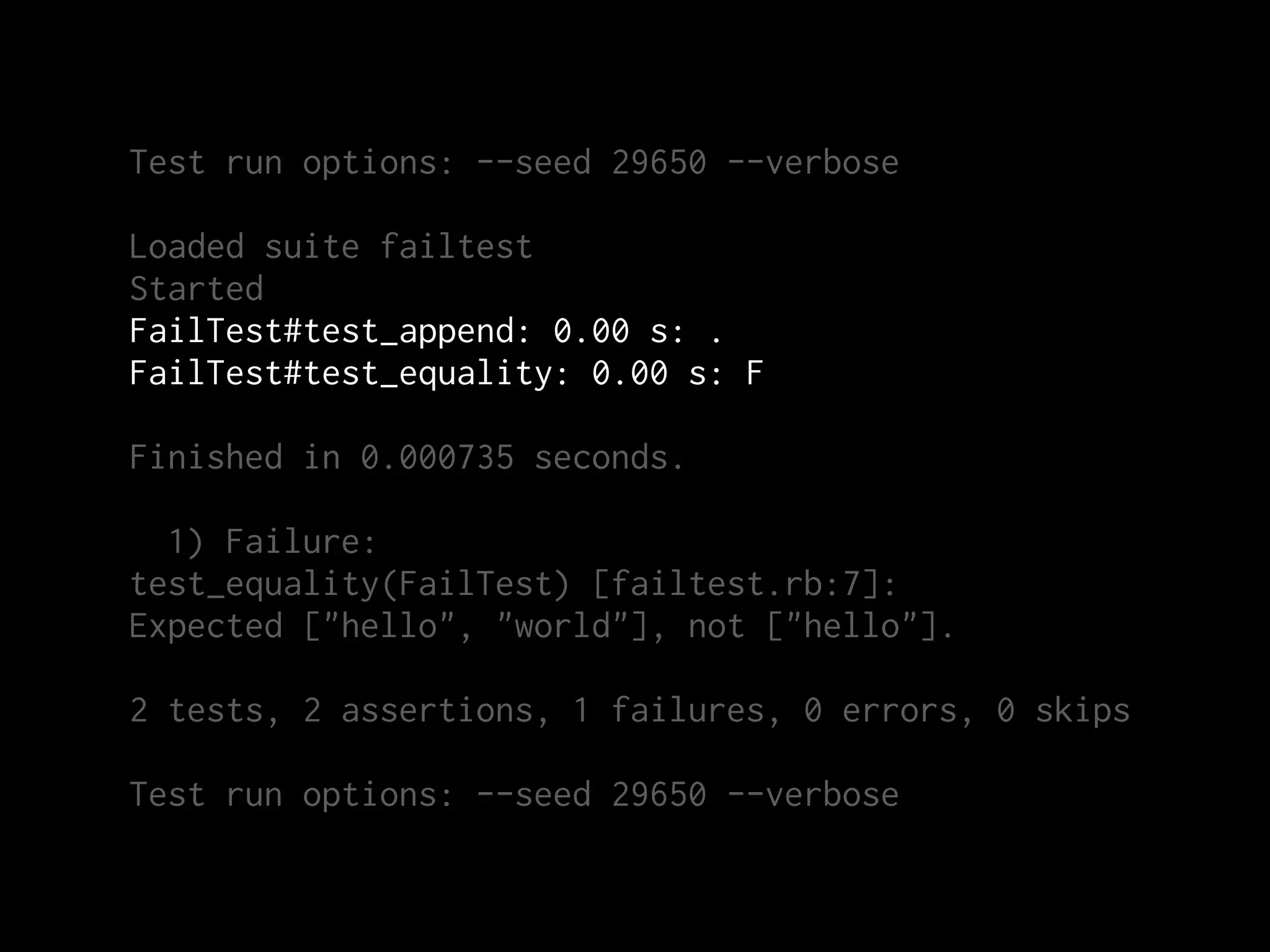 Test run options: --seed 29650 --verbose

Loaded suite failtest
Started
FailTest#test_append: 0.00 s: .
FailTest#test_equality: 0.00 s: F

Finished in 0.000735 seconds.

  1) Failure:
test_equality(FailTest) [failtest.rb:7]:
Expected ["hello", "world"], not ["hello"].

2 tests, 2 assertions, 1 failures, 0 errors, 0 skips

Test run options: --seed 29650 --verbose
 