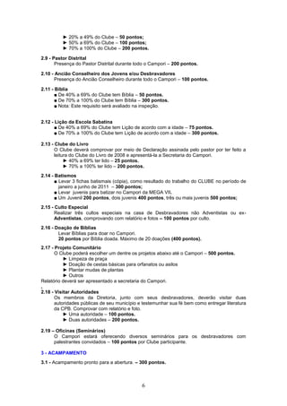 ► 20% a 49% do Clube – 50 pontos;
         ► 50% a 69% do Clube – 100 pontos;
         ► 70% a 100% do Clube – 200 pontos.

2.9 - Pastor Distrital
       Presença do Pastor Distrital durante todo o Campori – 200 pontos.

2.10 - Ancião Conselheiro dos Jovens e/ou Desbravadores
       Presença do Ancião Conselheiro durante todo o Campori – 100 pontos.

2.11 - Bíblia
       ■ De 40% a 69% do Clube tem Bíblia – 50 pontos.
       ■ De 70% a 100% do Clube tem Bíblia – 300 pontos.
       ■ Nota: Este requisito será avaliado na inspeção.


2.12 - Lição da Escola Sabatina
       ■ De 40% a 69% do Clube tem Lição de acordo com a idade – 75 pontos.
       ■ De 70% a 100% do Clube tem Lição de acordo com a idade – 300 pontos.

2.13 - Clube do Livro
       O Clube deverá comprovar por meio de Declaração assinada pelo pastor por ter feito a
       leitura do Clube do Livro de 2008 e apresentá-la a Secretaria do Campori.
            ► 40% a 69% ter lido – 25 pontos.
            ► 70% a 100% ter lido – 200 pontos.
2.14 - Batismos
       ■ Levar 3 fichas batismais (cópia), como resultado do trabalho do CLUBE no período de
         janeiro a junho de 2011 – 300 pontos;
       ■ Levar juvenis para batizar no Campori da MEGA VII.
       ■ Um Juvenil 200 pontos, dois juvenis 400 pontos, três ou mais juvenis 500 pontos;
2.15 - Culto Especial
       Realizar três cultos especiais na casa de Desbravadores não Adventistas ou ex-
       Adventistas, comprovando com relatório e fotos – 100 pontos por culto.
2.16 - Doação de Bíblias
        Levar Bíblias para doar no Campori.
        20 pontos por Bíblia doada. Máximo de 20 doações (400 pontos).
2.17 - Projeto Comunitário
       O Clube poderá escolher um dentre os projetos abaixo até o Campori – 500 pontos.
           ► Limpeza de praça
           ► Doação de cestas básicas para orfanatos ou asilos
           ► Plantar mudas de plantas
           ► Outros
Relatório deverá ser apresentado a secretaria do Campori.
,
2.18 - Visitar Autoridades
       Os membros da Diretoria, junto com seus desbravadores, deverão visitar duas
       autoridades públicas de seu município e testemunhar sua fé bem como entregar literatura
       da CPB. Comprovar com relatório e foto.
           ► Uma autoridade – 100 pontos.
           ► Duas autoridades – 200 pontos.

2.19 – Oficinas (Seminários)
      O Campori estará oferecendo diversos seminários para os desbravadores com
      palestrantes convidados – 100 pontos por Clube participante.

3 - ACAMPAMENTO
3.1 - Acampamento pronto para a abertura. – 300 pontos.



                                              6
 