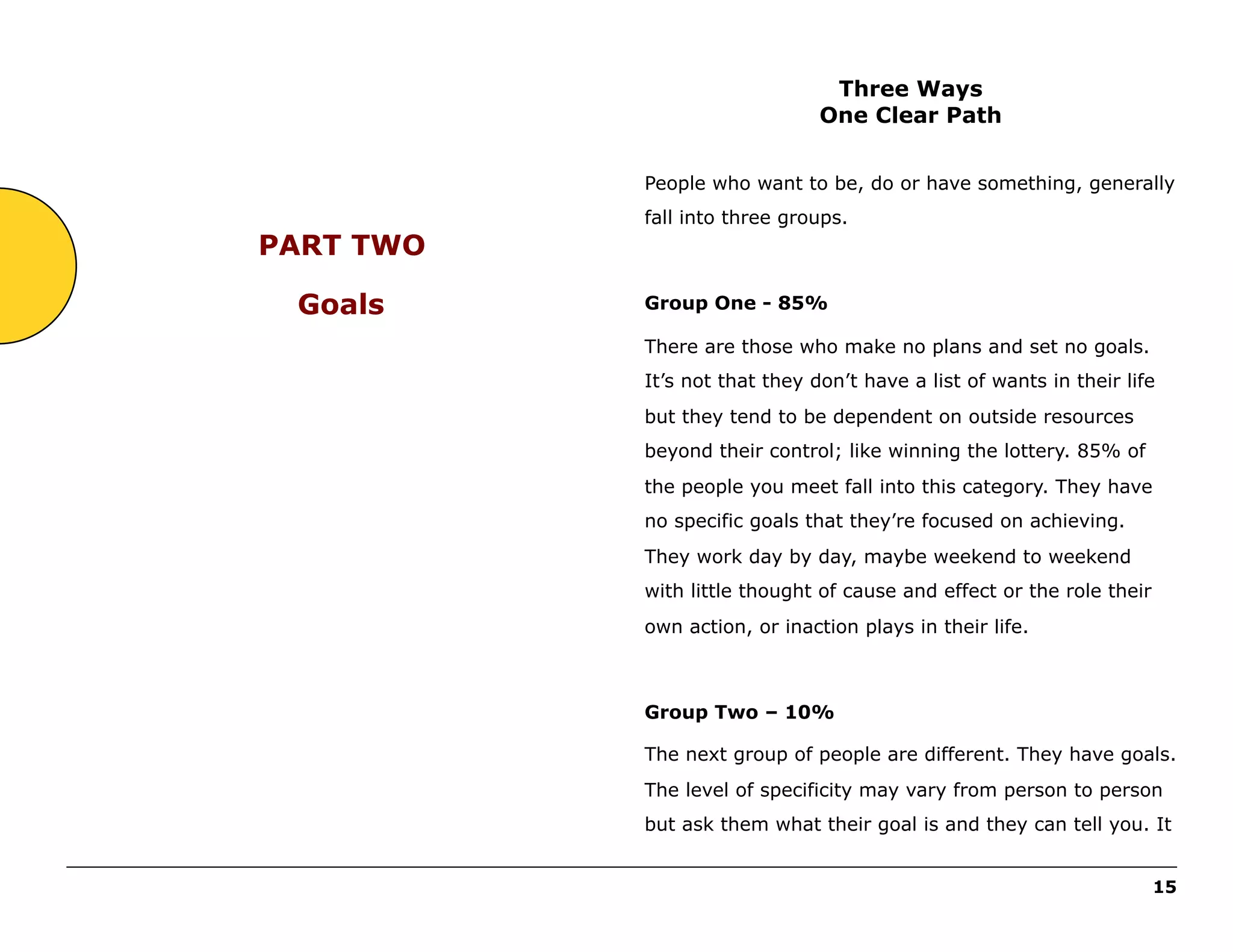 Three Ways
One Clear Path
People who want to be, do or have something, generally

PART TWO
Goals

fall into three groups.

Group One - 85%
There are those who make no plans and set no goals.
It’s not that they don’t have a list of wants in their life
but they tend to be dependent on outside resources
beyond their control; like winning the lottery. 85% of
the people you meet fall into this category. They have
no specific goals that they’re focused on achieving.
They work day by day, maybe weekend to weekend
with little thought of cause and effect or the role their
own action, or inaction plays in their life.

Group Two – 10%
The next group of people are different. They have goals.
The level of specificity may vary from person to person
but ask them what their goal is and they can tell you. It
______________________________________________________________________________________________________
15

 