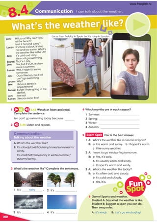 Communication
8.4
100
Jen: Hi Lucas! Why aren’t you
at the beach?
Isn’t it hot and sunny?
Lucas: It’s three o’clock. It’s too
hot and too sunny. What’s
the weather like in the UK?
Jen: It’s cold and rainy.
We can’t go swimming.
Lucas: That’s a pity.
Jen: Yes, but it’s OK. It often
rains in summer.
Lucas: Well, I hope it’s sunny
tomorrow.
Jen: Ouch! Me too, but I still
can’t go swimming.
Lucas: Why?
Jen: I have a dentist’s
appointment!
Lucas: Eurgh! I hate going to the
dentist.
Jen: Me too!
Lucas: See you soon! Bye!
/-:@-87-.;A@@41C1-@41
1 45 3.45,-@/4;85?@1:-:01-0 
;981@1@41?1:@1:/1
Jen can’t go swimming today because
2 3.46 5?@1:-:011-@
3 ,4-@?@41C1-@418571;981@1@41?1:@1:/1?
Communication
Talking about the weather
 What’s the weather like?
 It’s cloudy/cold/hot/rainy/snowy/sunny/warm/
windy.
It’s cold/hot/rainy/sunny in winter/summer/
autumn/spring.
Fun
Spot
6 -91(;@?-:0C1-@41 
(@A01:@(-EC4-@@41C1-@415?8571 
(@A01:@(A331?@-?;@E;A/-:0; 
)41:?C-;81?
It’s windy.  Let’s go windsurﬁng!
Lucas is on holiday in Spain but it’s rainy in London.
5 Exam Spot  5/81@41.1?@-:?C1
 What’s the weather like in autumn in Spain?
   a It is warm and sunny. . I hope it’s warm.
 /I like sunny weather.
I want to go windsurﬁng tomorrow.
   a Yes, it’s cold.
 .It’s usually warm and windy.
 /I hope it’s warm and windy.
What’s the weather like today?
   a It’s often cold and cloudy.
 .It’s cold and cloudy.
 /Yes, it is.
1 It’s rainy .
3 It’s . 4 It’s .
 2 It’s .
What’s the weather like?
4 ,45/49;:@4?-15:1-/4?1-?;:
Summer:
Spring:
Winter:
Autumn:
it’s cold .
and rainy
www.frenglish.ru
 