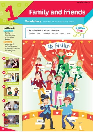 Family and friends
Vocabulary 20=C0;:01DC?4?;48=0508;H
1
10
1 '403C74B4FA3B,70C3C74H40=
brother dad grandad granny mum sister
I know
that!
1.2 Grammar video
2–3
4
1.3 Grammar animation
5
1.4 Communication video
6
7
1.2 Grammar animation
Anna
David
!D2H
Mark
60C70
7=
%4C4A
Tom
D;80
Rose
%0D;
In this unit
Vocabulary
• Family
• Countries and
nationalities
• Places
Grammar
• possessive ’s
• to be affirmative
• possessive adjectives
• to be negative
Culture video
www.frenglish.ru
 