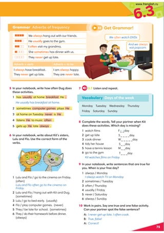 6.3
Grammar Adverbs of frequency
5 :E;A:;@1.;;7C5@14;C;2@1:A30;1?
@41?1-/@5B5@51?
1 has usually at home breakfast He .
He usually has breakfast at home.
 sometimes computer games plays He .
 at home on Tuesday never is He .
 listens He to music often .
5 gets up He late always .
6 :E;A:;@1.;;7C5@1-.;A@ 5@??5?@1?
!A8A-:08; )?1@41/;1/@2;9;2@41
B1.?
7 3.7 !5?@1:-:011-@
75
We -8C-E? hang out with our friends.
He A?A-88E goes to the gym.
I ;2@1: visit my grandma.
She ?;91@591? has dinner with us.
They :1B1 get up late.
0B1.B1. 0B1. to be
I -8C-E? have breakfast.
They :1B1 get up late.
I am -8C-E? happy.
They are :1B1 late.
8 ;981@1@41C;0? (188E;A-@:1C41: 5@
0;1?@41?1-/@5B5@51? +45/40-E5?95??5:3
1 watch ﬁlms F_ _day
get up late S_ _ _ _day
cook dinner W_ _ _ _ _day
tidy her house S_ _day
have a tennis lesson M_ _day
go to the gym T_ _ _day
Kit watches ﬁlms on Friday.
9 :E;A:;@1.;;7C5@1?1:@1:/1?@4-@-1@A12;
E;A +41:5?E;A2110-E
always / Monday
I always watch TV on Monday.
sometimes / Tuesday
often / Thursday
usually / Friday
never / Saturday
always / Sunday
10 +;75:-5? '-E;:1@A1-:0;:12-8?1-/@5B5@E 
-:E;A-@:1?;@@412-8?1?1:@1:/1
A: I never get up late. I often cook.
B: True, false!
A: 
Correct!

Lulu and Flo / go to the cinema on Friday.
(often)
Lulu and Flo often go to the cinema on
Friday.

Lulu and Flo / hang out with Kit and Dug.
(sometimes)
Lulu / go to bed early. (usually)
Flo / play computer games. (never)
They / be late for school. (sometimes)

They / do their homework before dinner.
(always)
Vocabulary Days of the week
Monday Tuesday Wednesday Thursday
Friday Saturday Sunday
33 Get Grammar!
And we always
eat popcorn.
We often watch DVDs
r i
www.frenglish.ru
 