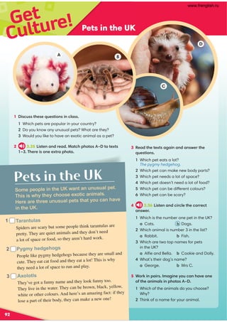 Get
Pets in the UK
A B
D
C
1 6@0B@@A52@2B2@A6;@6;09.@@
Which pets are popular in your country?
Do you know any unusual pets? What are they?
Would you like to have an exotic animal as a pet?
2 3.35 6@A2;.;1?2.1!.A05=5A@JAA2EA@
J '52?26@;22EA?.=5A
3 %2.1A52A2EA@.4.6;.;1.;@D2?A52
B2@A6;@
Which pet eats a lot?
The pygmy hedgehog.
Which pet can make new body parts?
Which pet needs a lot of space?
Which pet doesn’t need a lot of food?
5 Which pet can be different colours?
6 Which pet can be scary?
4 3.36 6@A2;.;106?092A520??20A
.;@D2?
Which is the number one pet in the UK?
  .Cats. / Dogs.
Which animal is number 3 in the list?
  .Rabbit. / Fish.

Which are two top names for pets
in the UK?
  .Alﬁe and Bella. / Cookie and Dolly.
What’s their dog’s name?
  .George. / Mrs C.
5 *?86;=.6?@:.46;2FB0.;5.C2;2
3A52.;6:.9@6;=5A@J

Which of the animals do you choose?
Why?
Think of a name for your animal.
Culture!
Pets in the UK
Some people in the UK want an unusual pet.
This is why they choose exotic animals.
Here are three unusual pets that you can have
in the UK.
Tarantulas
Spiders are scary but some people think tarantulas are
pretty. They are quiet animals and they don’t need
a lot of space or food, so they aren’t hard work.
Pygmy hedgehogs
People like pygmy hedgehogs because they are small and
cute. They eat cat food and they eat a lot! This is why
they need a lot of space to run and play.
Axolotls
They’ve got a funny name and they look funny too.
They live in the water. They can be brown, black, yellow,
white or other colours. And here’s an amazing fact: if they
lose a part of their body, they can make a new one!
1
2
3
92
www.frenglish.ru
 