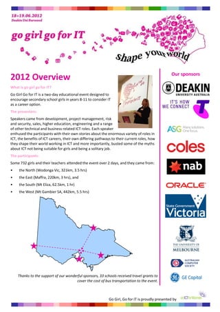 Our sponsors
2012 Overview
What is go girl go for IT?
Go Girl Go for IT is a two-day educational event designed to
encoura...