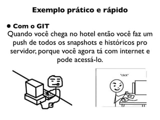Exemplo prático e rápido

• Com o GIT
Quando você chega no hotel então você faz um
 push de todos os snapshots e históricos pro
servidor, porque você agora tá com internet e
               pode acessá-lo.
 