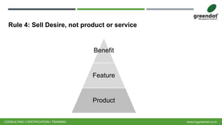 Rule 4: Sell Desire, not product or service
CONSULTING I CERTIFICATION I TRAINING www.mygreendot.co.in
Benefit
Feature
Product
 