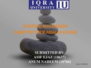 your name
STARTEGIC MANAGEMENT
SUBMITTED TO:DR.ARSALAN GHOURI
SUBMITTED BY:
ASIF EJAZ (10637)
ANUM NADEEM (10766)
 