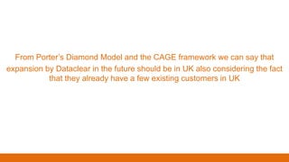 From Porter’s Diamond Model and the CAGE framework we can say that
expansion by Dataclear in the future should be in UK also considering the fact
that they already have a few existing customers in UK
 