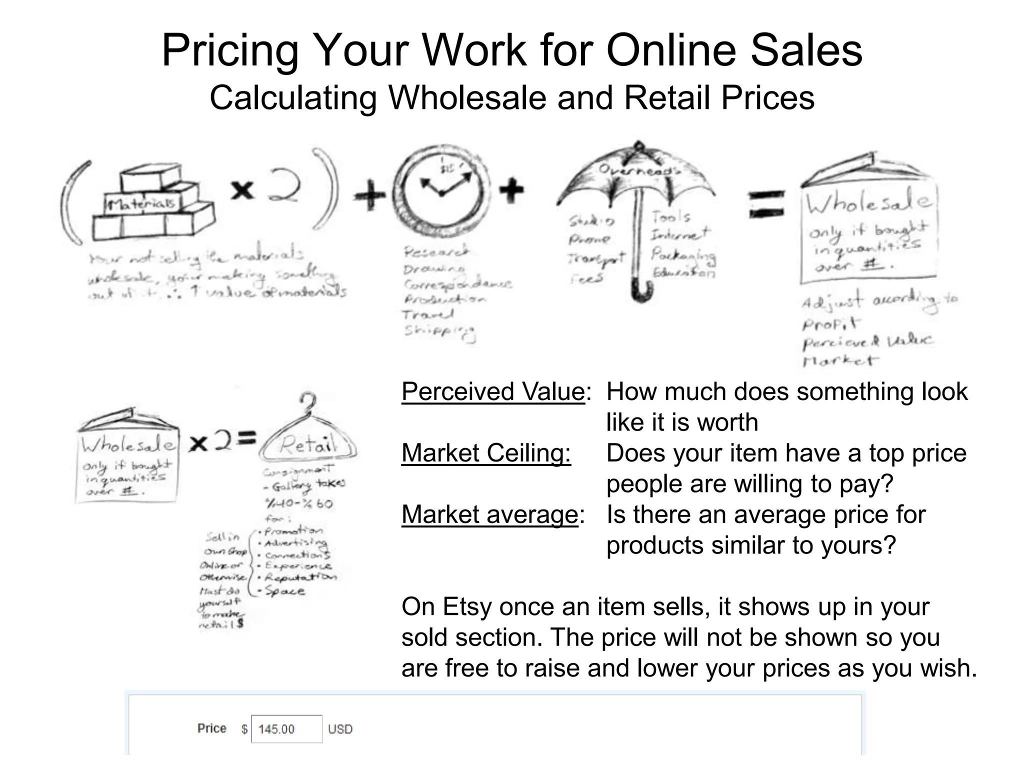 Pricing Your Work for Online Sales
  Calculating Wholesale and Retail Prices




              Perceived Value: How much does something look
                               like it is worth
              Market Ceiling: Does your item have a top price
                               people are willing to pay?
              Market average: Is there an average price for
                               products similar to yours?

              On Etsy once an item sells, it shows up in your
              sold section. The price will not be shown so you
              are free to raise and lower your prices as you wish.
 