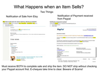 What Happens when an Item Sells?
                                    Two Things:
   Notification of Sale from Etsy                 Notification of Payment received
                                                  from Paypal




Must receive BOTH to complete sale and ship the item. DO NOT ship without checking
your Paypal account first. E-cheques take time to clear. Beware of Scams!
 