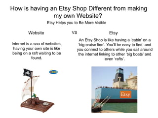 How is having an Etsy Shop Different from making
               my own Website?
                     Etsy Helps you to Be More Visible

         Website                  VS                     Etsy
                                       An Etsy Shop is like having a ‘cabin’ on a
Internet is a sea of websites,        ‘big cruise line’. You’ll be easy to find, and
 having your own site is like        you connect to others while you sail around
 being on a raft waiting to be        the internet linking to other ‘big boats’ and
            found.                                     even ‘rafts’.
 