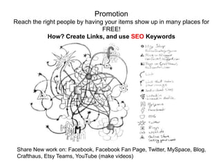 Promotion
Reach the right people by having your items show up in many places for
                                FREE!
            How? Create Links, and use SEO Keywords




 Share New work on: Facebook, Facebook Fan Page, Twitter, MySpace, Blog,
 Crafthaus, Etsy Teams, YouTube (make videos)
 