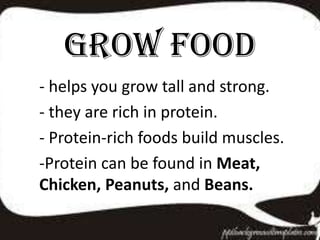 GRow Food
- helps you grow tall and strong.
- they are rich in protein.
- Protein-rich foods build muscles.
-Protein can be found in Meat,
Chicken, Peanuts, and Beans.
 