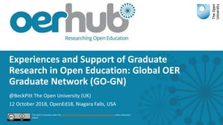 Experiences and Support of Graduate
Research in Open Education: Global OER
Graduate Network (GO-GN)
@BeckPitt The Open University (UK)
12 October 2018, OpenEd18, Niagara Falls, USA
This work is licensed under the Creative Commons Attribution 4.0 International License unless otherwise
stated.
 