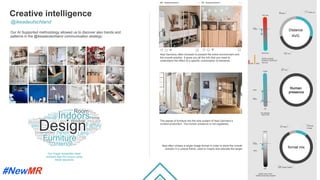 Creative intelligence
@ikeadeutschland
12 Tot.
8 Med.
Distance
AVG !
Human
presence!
format mix
7 Close-up
27 No
22 Single image
2 Video
3 Multi-
image
Our AI Supported methodology allowed us to discover also trends and
patterns in the @ikeadeutschland communication strategy:
Ikea Germany often chooses to present the entire environment and
the overall solution. It gives you all the info that you need to
understand the effect of a speciﬁc combination of elements.
The pieces of furniture are the sole subject of Ikea Germany’s
content production. The human presence is not registered.
Ikea often choses a single image format in order to show the overall
solution in a unique frame, used to inspire and educate the target
20/28 contents
present a dominant
hot hue
No satured
color AVG
0%
100%
12%
50%
Bright color AVG*
*makes everyday brighter
0%
100%
70%
50%
Our Image recognition base
analysis tags the corpus using
these keywords.
Cold hue
Hot hue
70%
50%20%
	
	
 