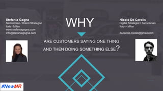 ARE CUSTOMERS SAYING ONE THING
AND THEN DOING SOMETHING ELSE?
WHYStefania Gogna
Semiotician / Brand Strategist
Italy - Milan
www.stefaniagogna.com
info@stefaniagogna.com	
Nicolò De Carolis
Digital Strategist / Semiotician
Italy – Milan
decarolis.nicolo@gmail.com	
	
	
 