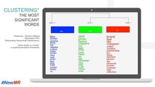 *Clustering – Reinert’s Method
Dendogram DHC
(Descending Hierarchical Classification).
Each cluster is a “world”,
a cognitive-perceptive framework.
34,8	 34,2	 31	
	
	
CLUSTERING*
THE MOST
SIGNIFICANT
WORDS
 