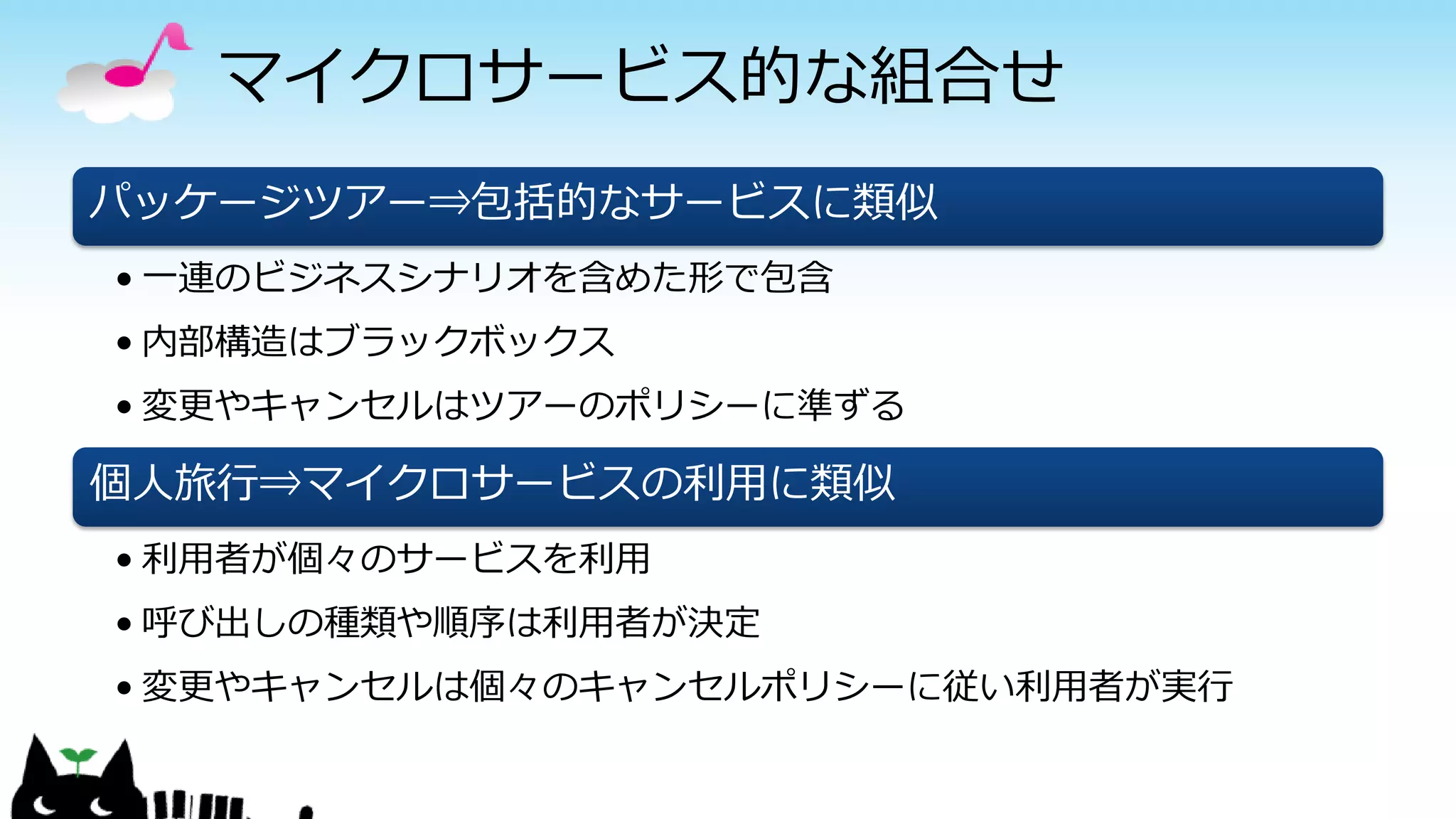 マイクロサービス的な組合せ
パッケージツアー⇒包括的なサービスに類似
• 一連のビジネスシナリオを含めた形で包含
• 内部構造はブラックボックス
• 変更やキャンセルはツアーのポリシーに準ずる
個人旅行⇒マイクロサービスの利用に類似
• 利用者が個々のサービスを利用
• 呼び出しの種類や順序は利用者が決定
• 変更やキャンセルは個々のキャンセルポリシーに従い利用者が実行
 