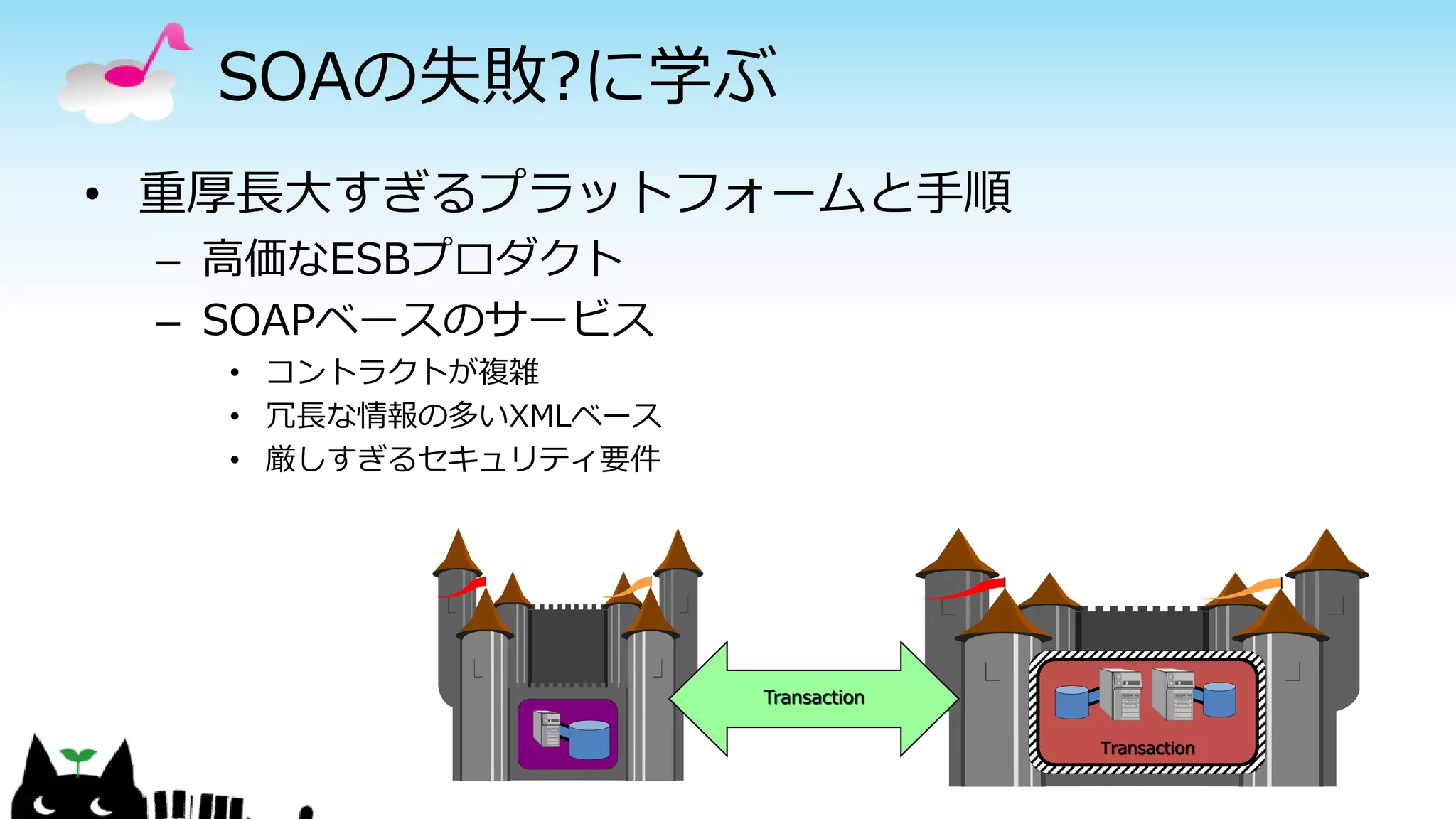 SOAの失敗?に学ぶ
• 重厚長大すぎるプラットフォームと手順
– 高価なESBプロダクト
– SOAPベースのサービス
• コントラクトが複雑
• 冗長な情報の多いXMLベース
• 厳しすぎるセキュリティ要件
Transaction
Transaction
 