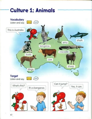 .!~~ ---.. • Culture 1: Animals
Vocabulary
Listen and say. ~ e
This is Australia.
Target
Listen and say. ~ e
What's this?
63
shark
 