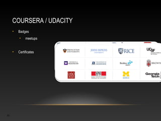 COURSERA / UDACITY
     •   Badges
         •    meetups


     •   Certificates




23
 