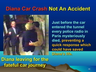 Diana Car Crash Not An Accident

                        Just before the car
                        entered the tunnel
                        every police radio in
                        Paris mysteriously
                        died, preventing a
                        quick response which
                        could have saved
                        Diana's life.
Diana leaving for the
 fateful car journey
                                           66
 