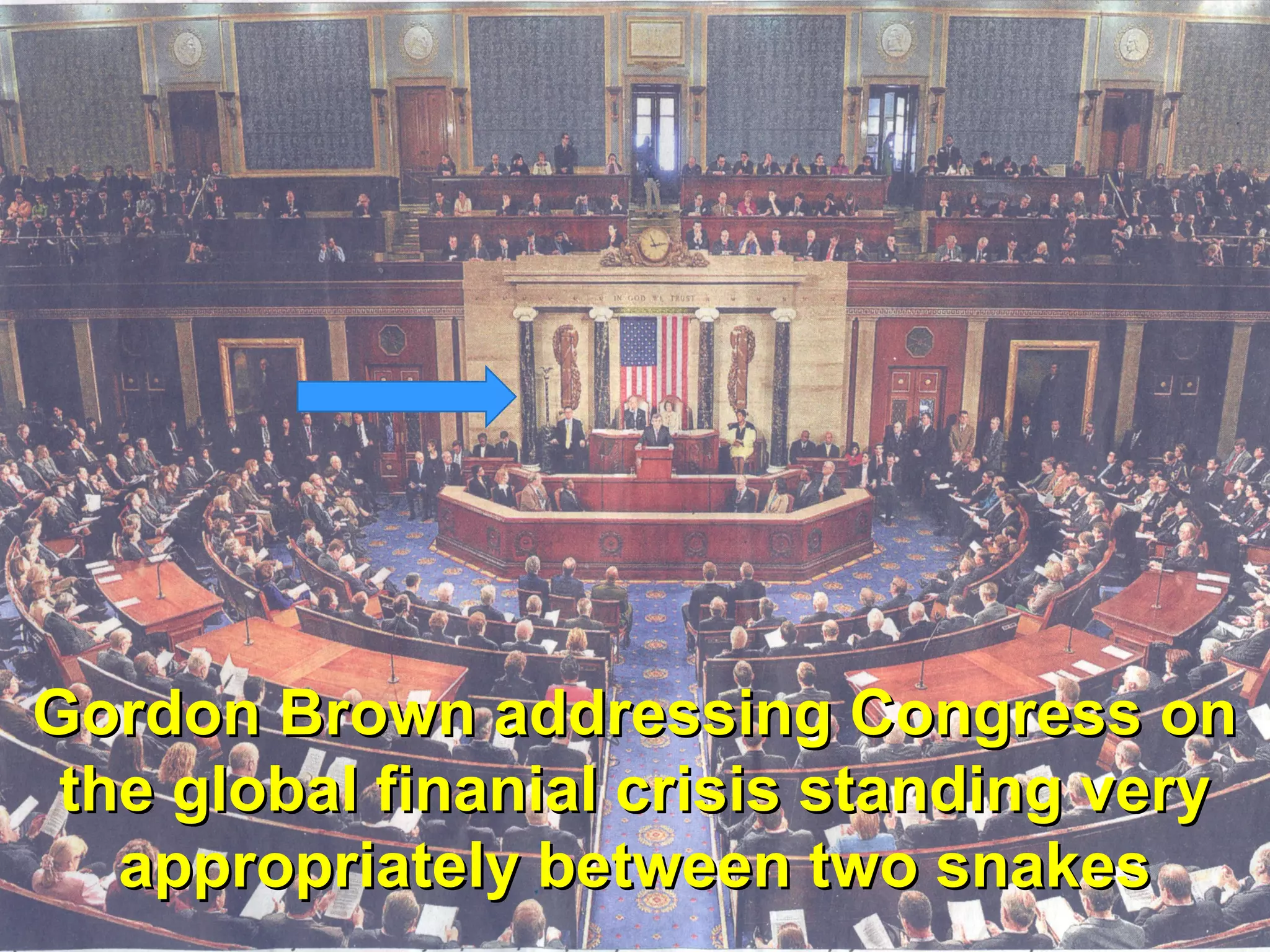 Gordon Brown addressing Congress on
 the global finanial crisis standing very
   appropriately between two snakes
                                      30
 