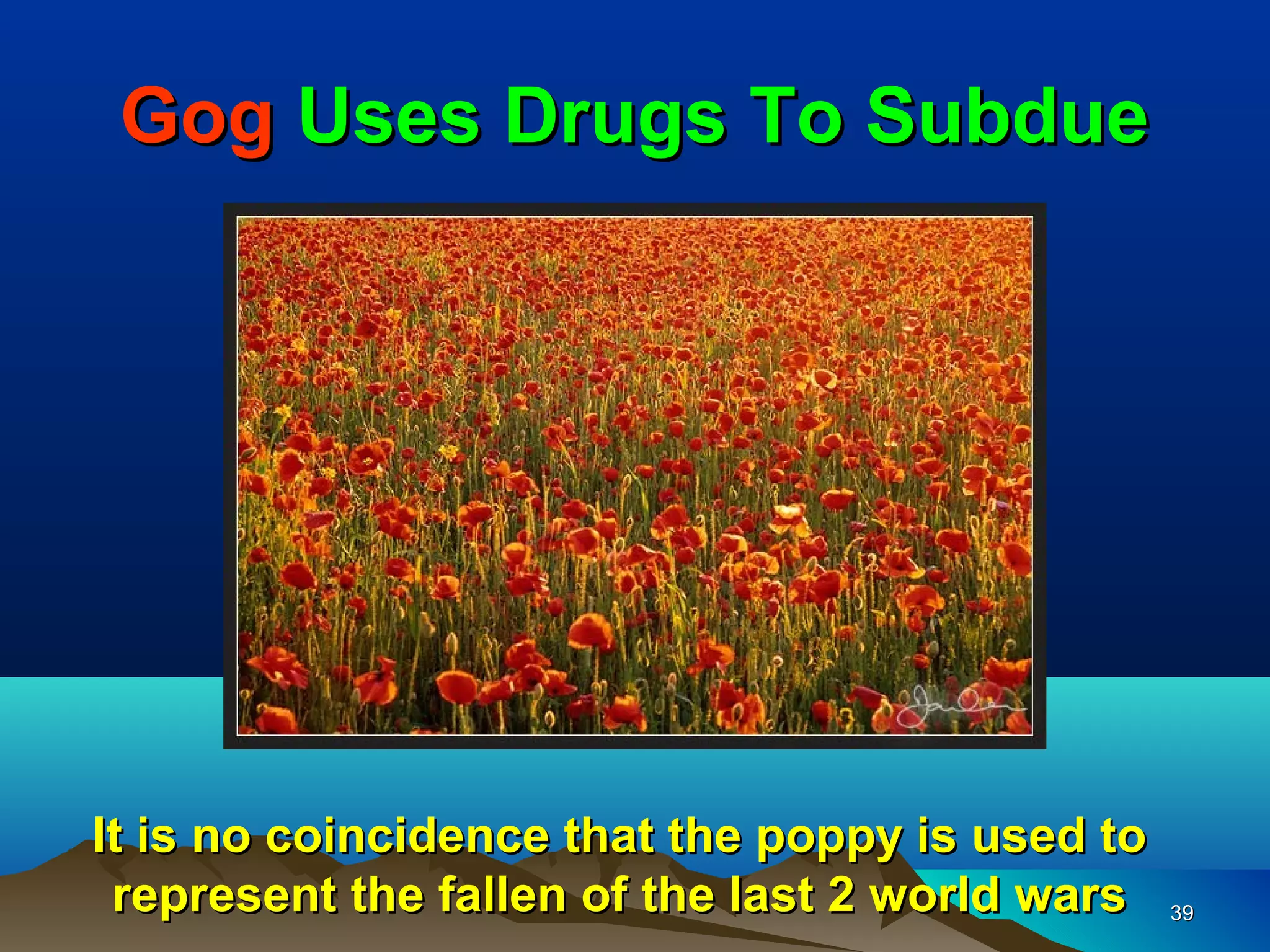 Gog Uses Drugs To Subdue




It is no coincidence that the poppy is used to
 represent the fallen of the last 2 world wars   39
 