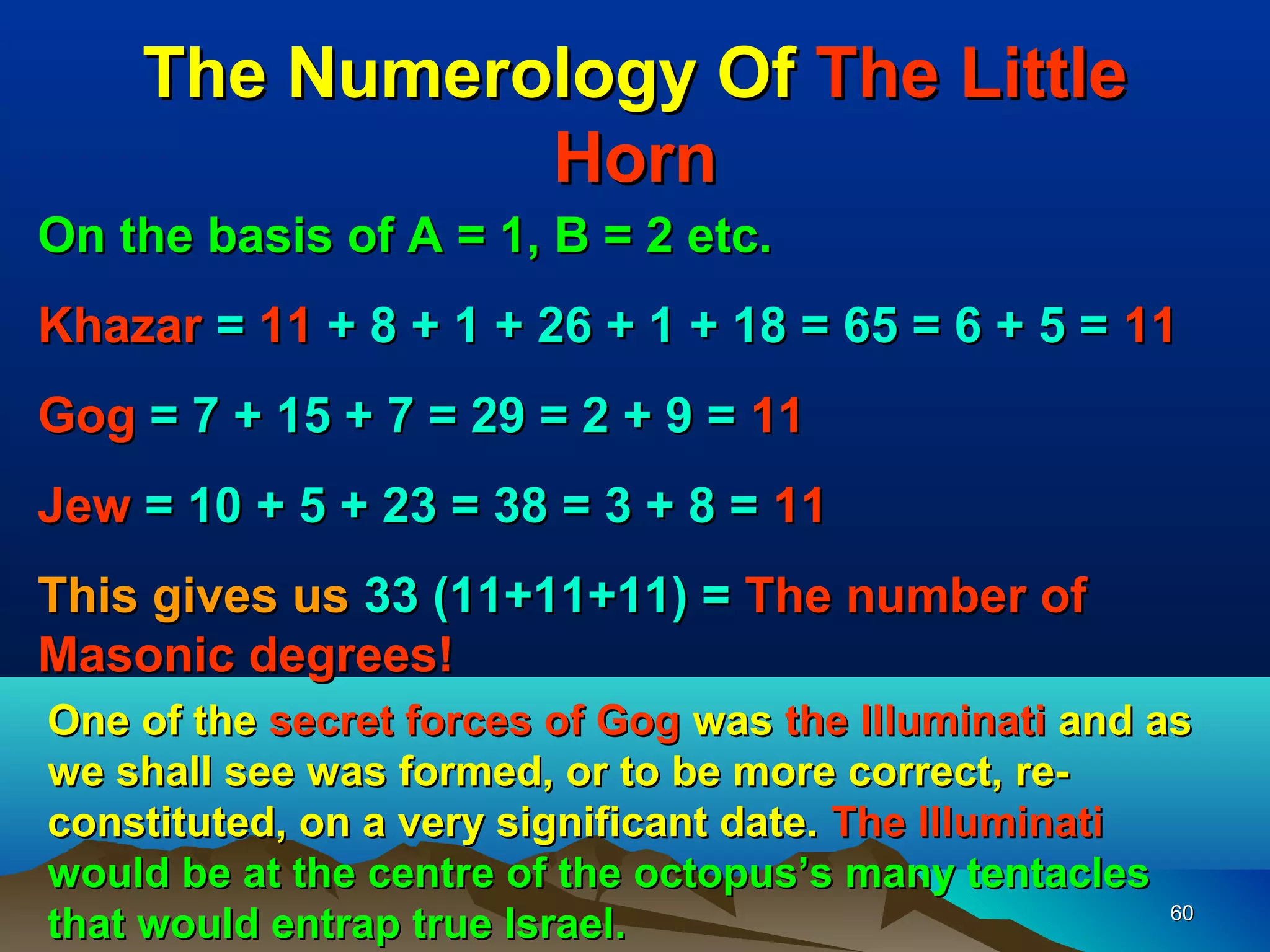 The Numerology Of The Little
              Horn
On the basis of A = 1, B = 2 etc.
Khazar = 11 + 8 + 1 + 26 + 1 + 18 = 65 = 6 + 5 = 11
Gog = 7 + 15 + 7 = 29 = 2 + 9 = 11
Jew = 10 + 5 + 23 = 38 = 3 + 8 = 11
This gives us 33 (11+11+11) = The number of
Masonic degrees!
One of the secret forces of Gog was the Illuminati and as
we shall see was formed, or to be more correct, re-
constituted, on a very significant date. The Illuminati
would be at the centre of the octopus’s many tentacles
that would entrap true Israel.                          60
 