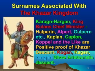 Surnames Associated With
  The Khazar Kingdom
       Karagn-Hargan, King
       Bulans Chief Minister -
       Halperin, Alpert, Galpern
       etc., Kaplan, Caplon,
       Koppel and the Like are
       Positive proof of Khazar
       Descent. Kogan, Kagen,
       Hargan Show Aristocratic
       descent.
                            115
 
