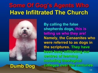 Some Of Gog’s Agents Who
Have Infiltrated The Church
           By calling the false
           shepherds dogs, this is
           telling us who they are!
           Namely, the Canaanites who
           were referred to as dogs in
           the scriptures. They have
           been busy infiltrating our
           centres of learning
           including theological
Dumb Dog   colleges over the centuries.
                                   135
 