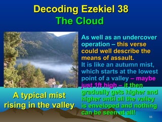 Decoding Ezekiel 38
            The Cloud
                       As well as an undercover
                       operation – this verse
                       could well describe the
                       means of assault.
                       It is like an autumn mist,
                       which starts at the lowest
                       point of a valley – maybe
                       just 1ft high – it then
                       gradually gets higher and
   A typical mist      higher until all the valley
rising in the valley   is enveloped and nothing
                       can be seen at all!
                                              5555
 