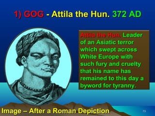 1) GOG - Attila the Hun. 372 AD

                      Attila the Hun. Leader
                      of an Asiatic terror
                      which swept across
                      White Europe with
                      such fury and cruelty
                      that his name has
                      remained to this day a
                      byword for tyranny.



Image – After a Roman Depiction            73
 