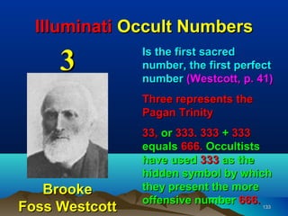 Illuminati Occult Numbers

     3          Is the first sacred
                number, the first perfect
                number (Westcott, p. 41)
                Three represents the
                Pagan Trinity
                33, or 333. 333 + 333
                equals 666. Occultists
                have used 333 as the
                hidden symbol by which
   Brooke       they present the more
                offensive number 666. 133
Foss Westcott
 