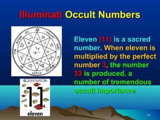 Illuminati Occult Numbers

           Eleven (11) is a sacred
           number. When eleven is
           multiplied by the perfect
           number 3, the number
           33 is produced, a
           number of tremendous
           occult importance


                                139
 